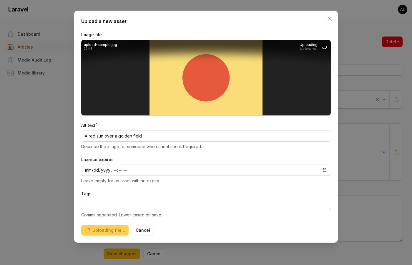 The picker's upload dialog while a file is uploading