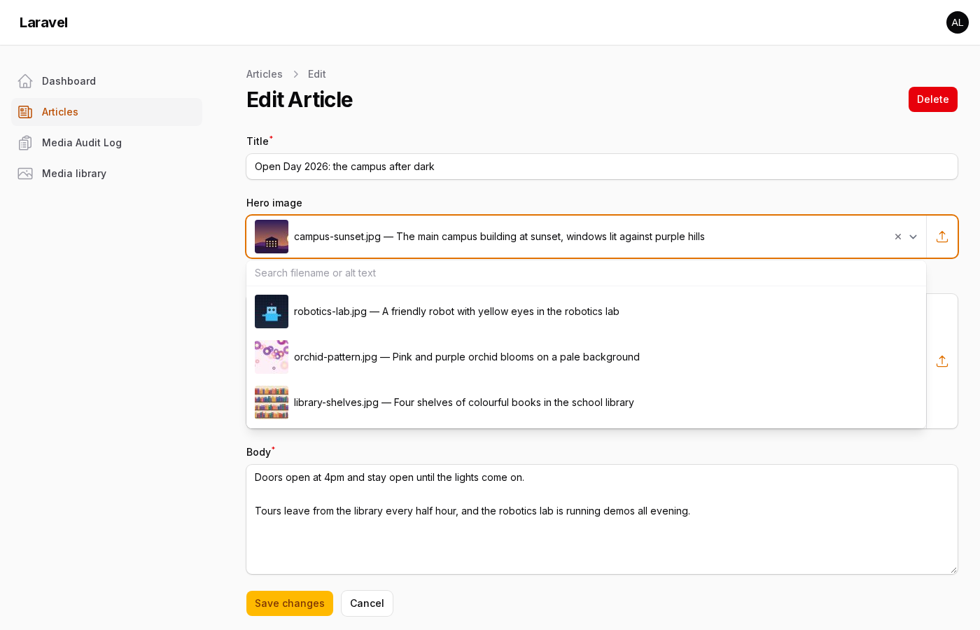 The picker open: the chosen image on top, a search box and matching assets with thumbnails