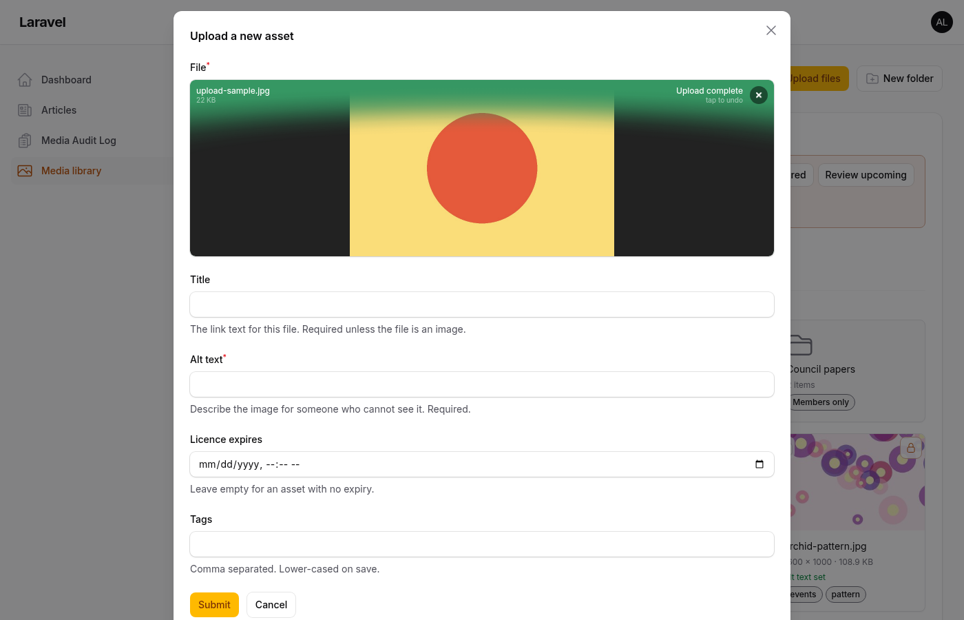 The upload dialog: file, title or alt text, licence expiry and tags