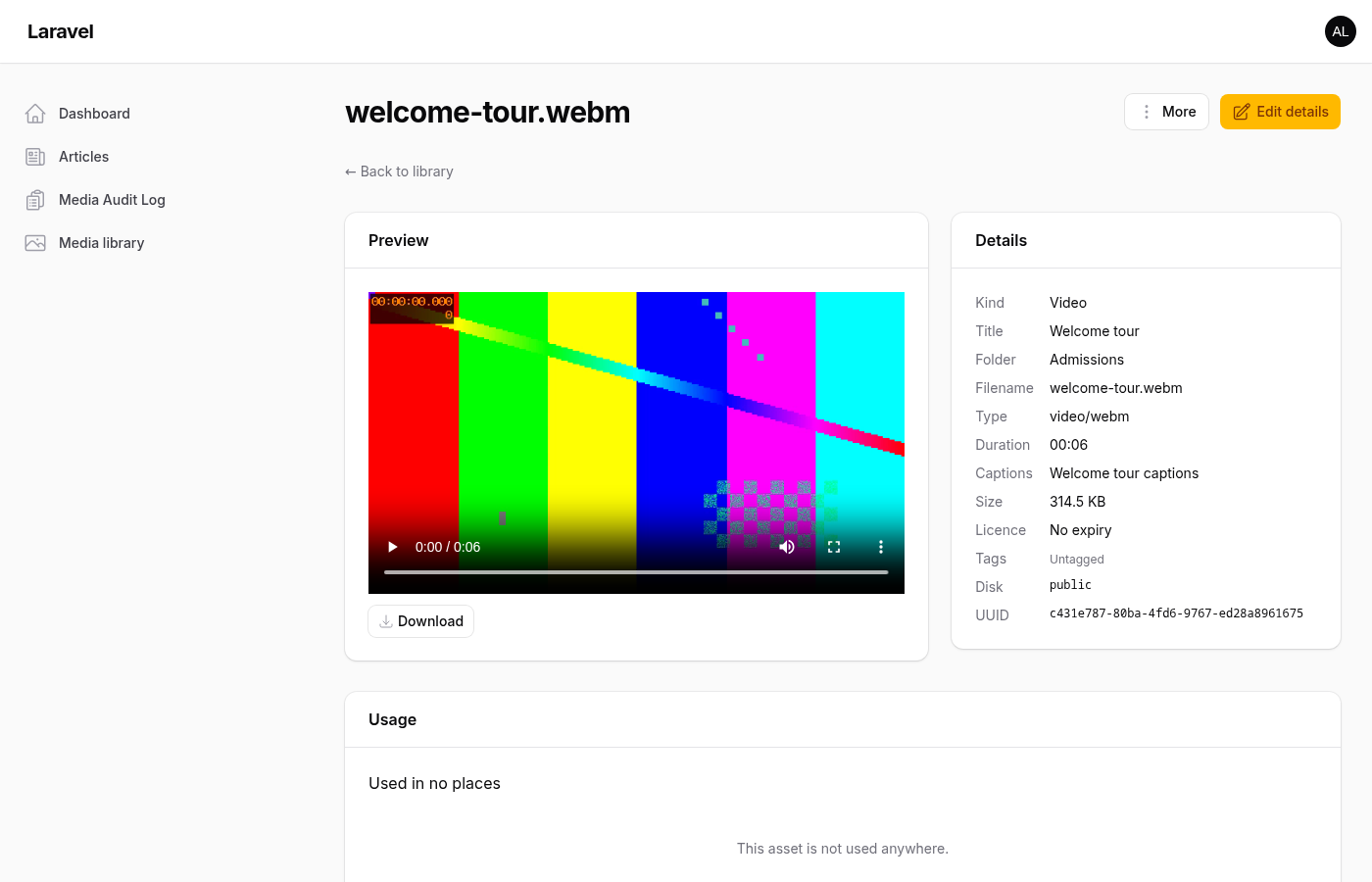A video's asset page: the player with a time bar, captions attached, and the duration