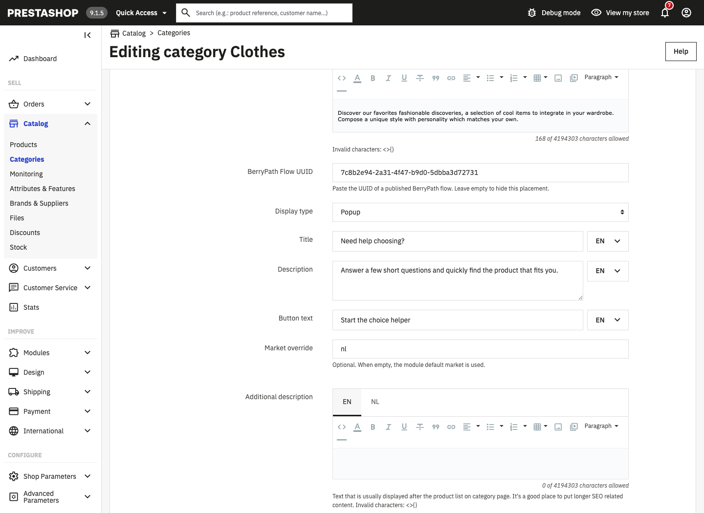 BerryPath fields on a PrestaShop category