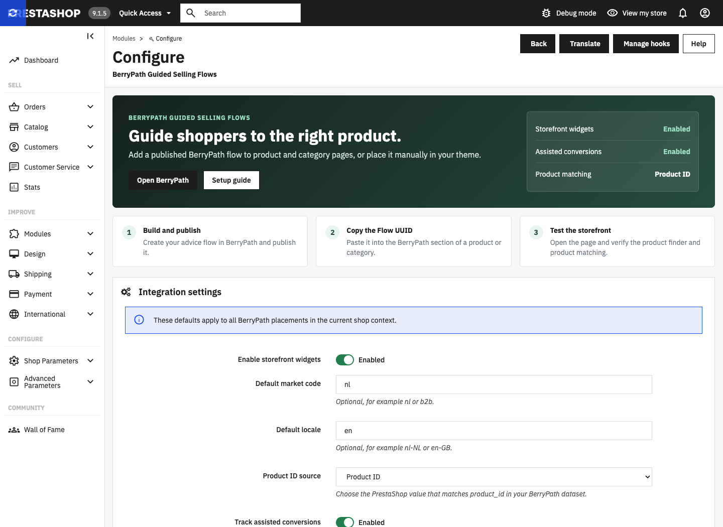 BerryPath module settings in PrestaShop