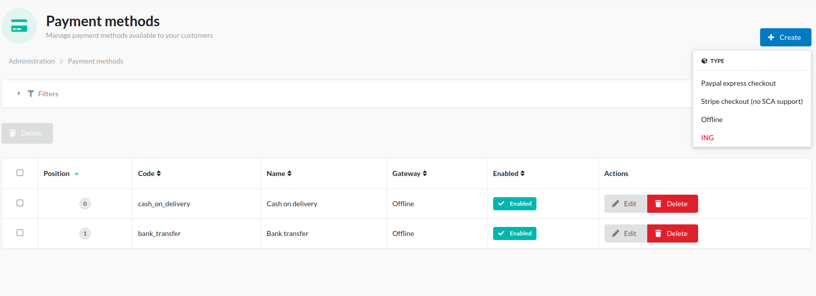 Screenshot showing payment method config in admin