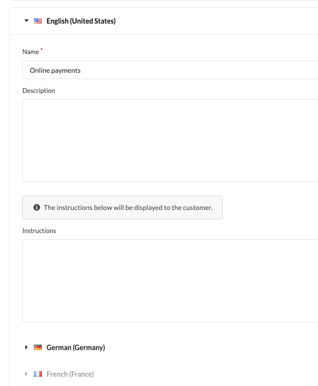 Screenshot showing payment method config in admin