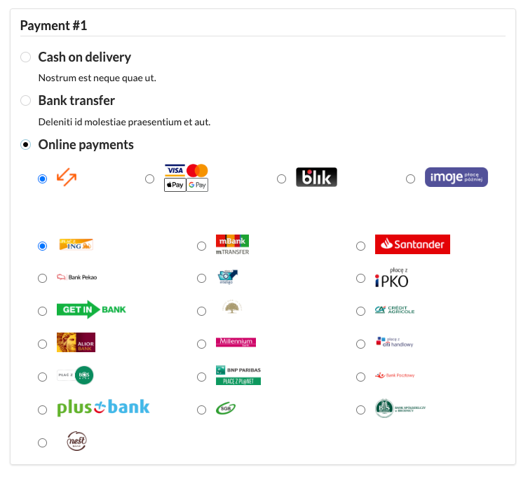 Screenshot showing payment methods show in the shop
