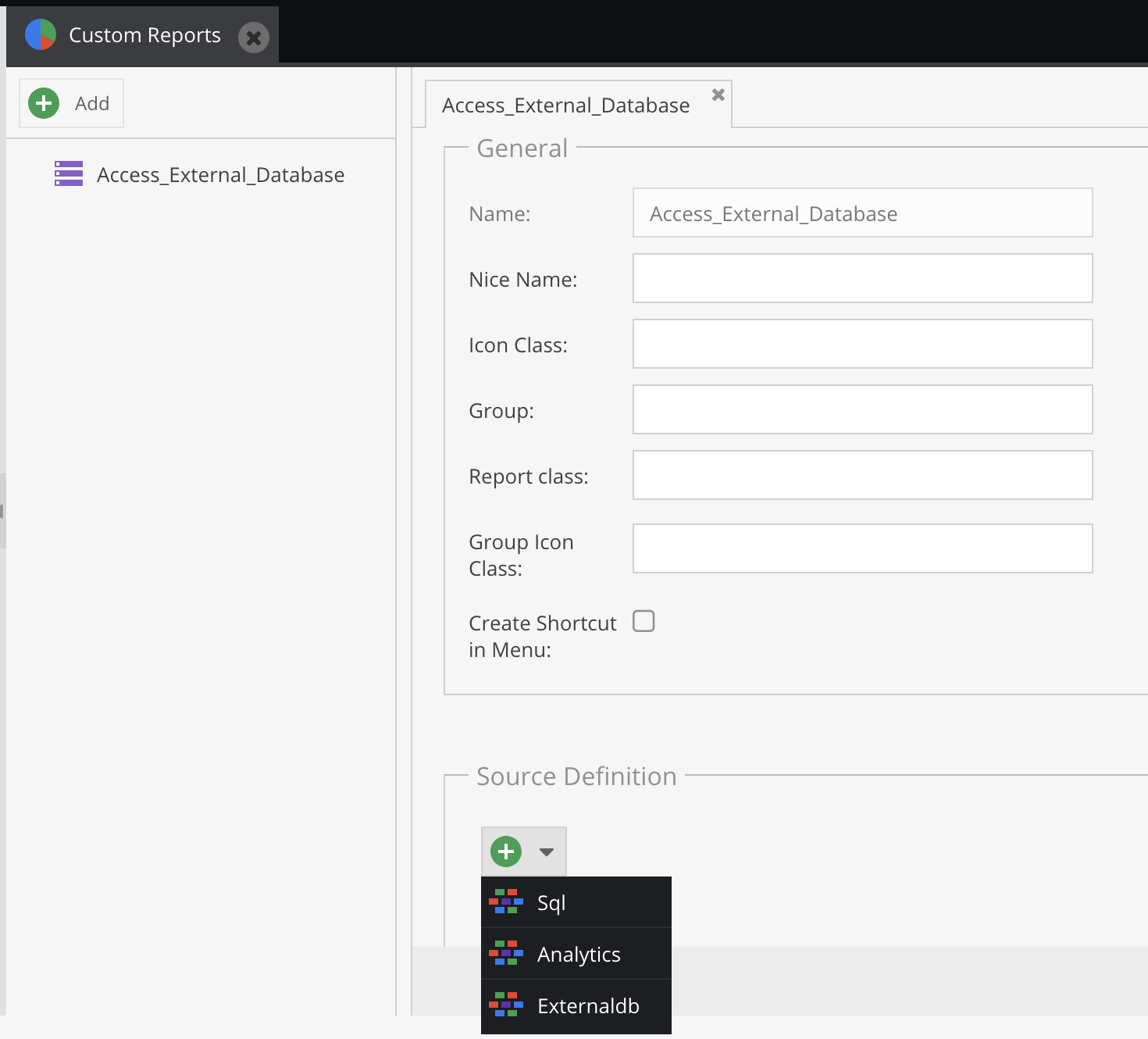 Select external database as report's data source