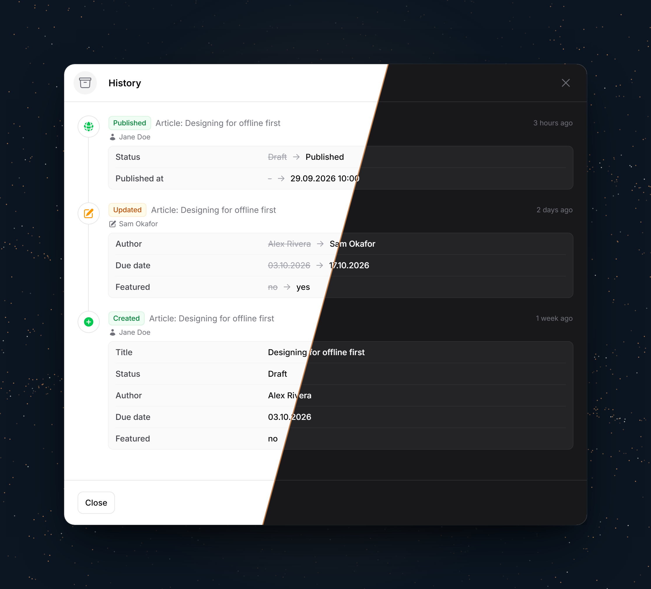 The activity timeline in light and dark mode