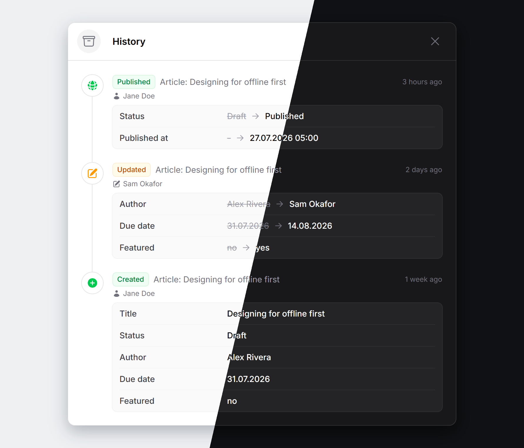 The activity timeline in light and dark mode