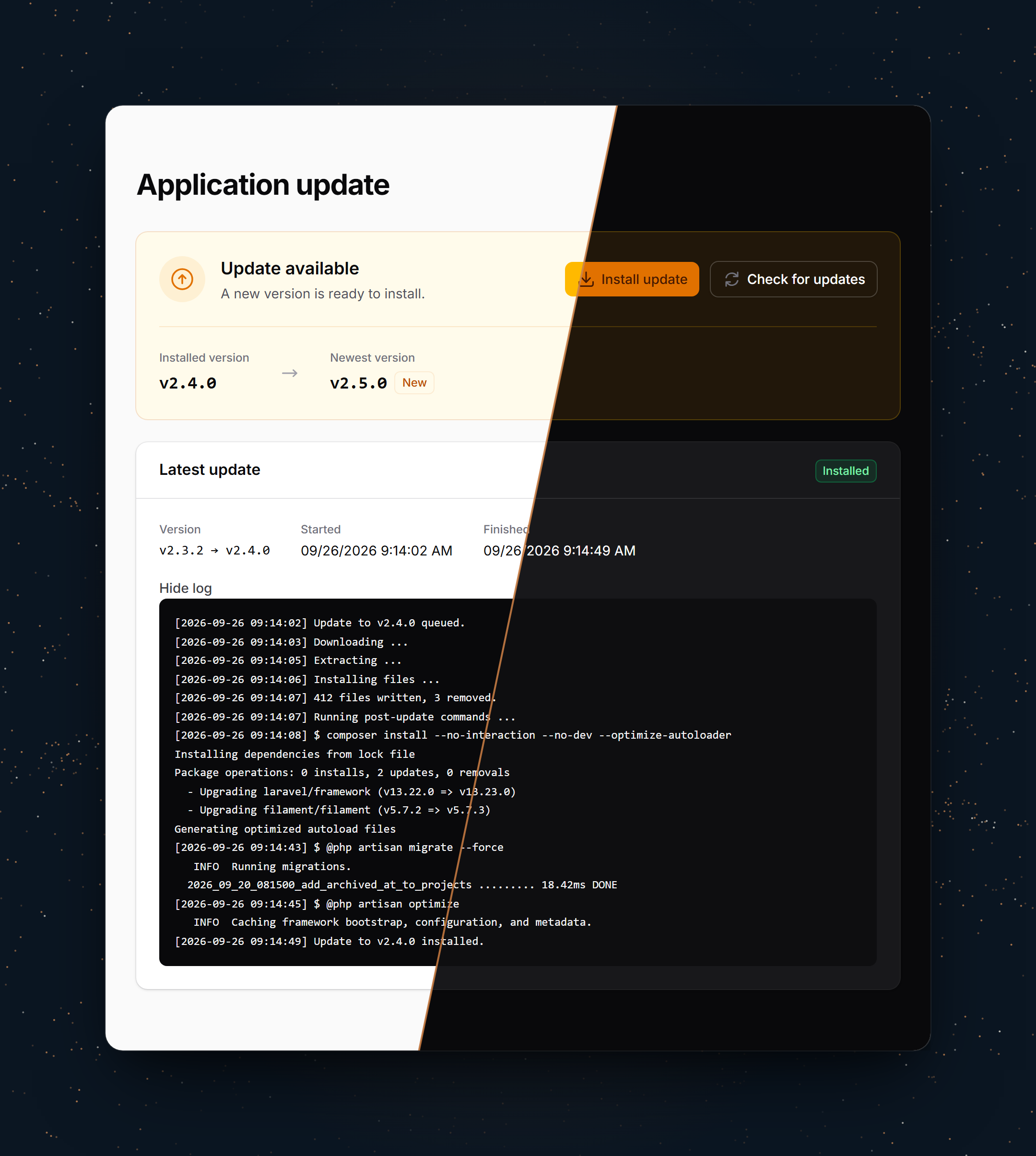 The update page in light and dark mode