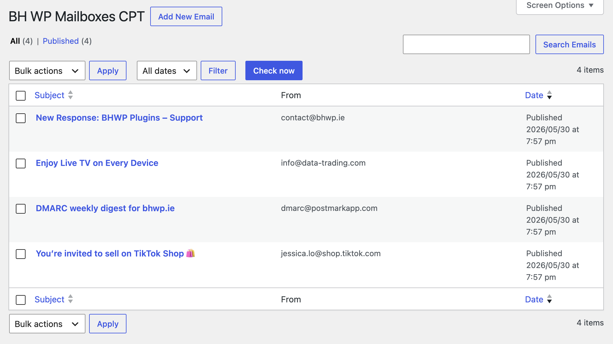 WP List Table of emails