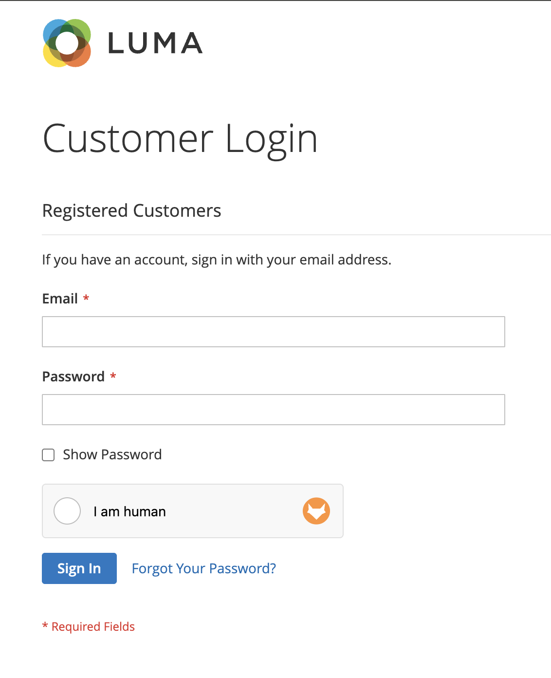 CaptchaFox widget in the customer login of the Luma storefront