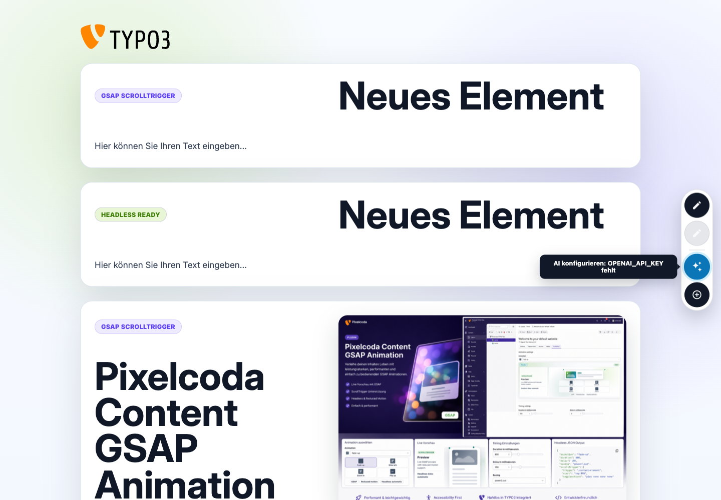 Pixelcoda TYPO3 frontend editing overview
