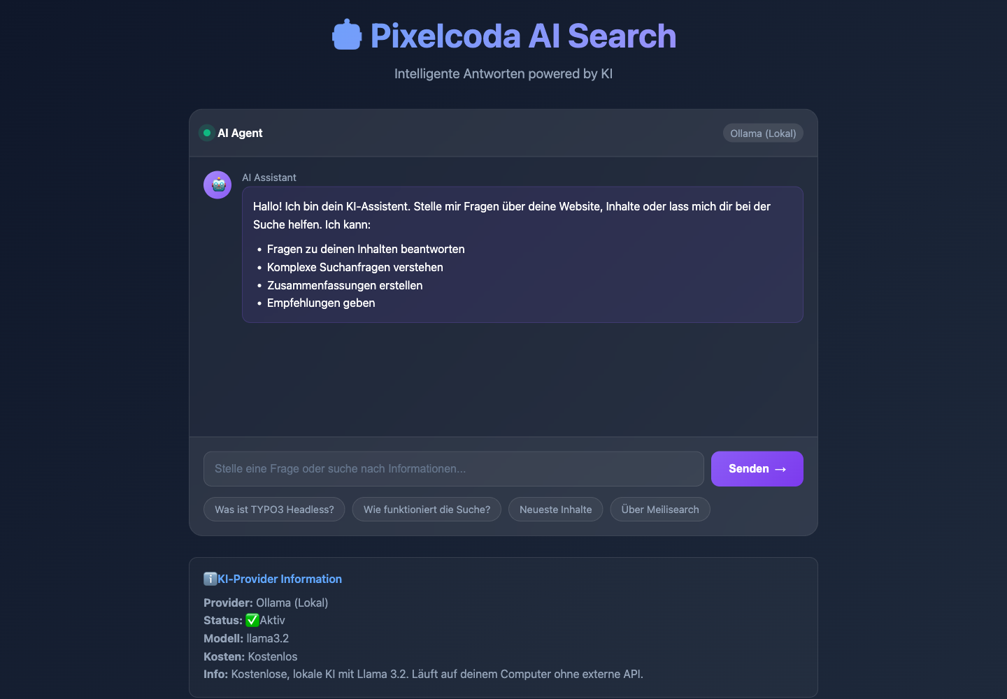 Pixelcoda AI Search interface with local Ollama provider
