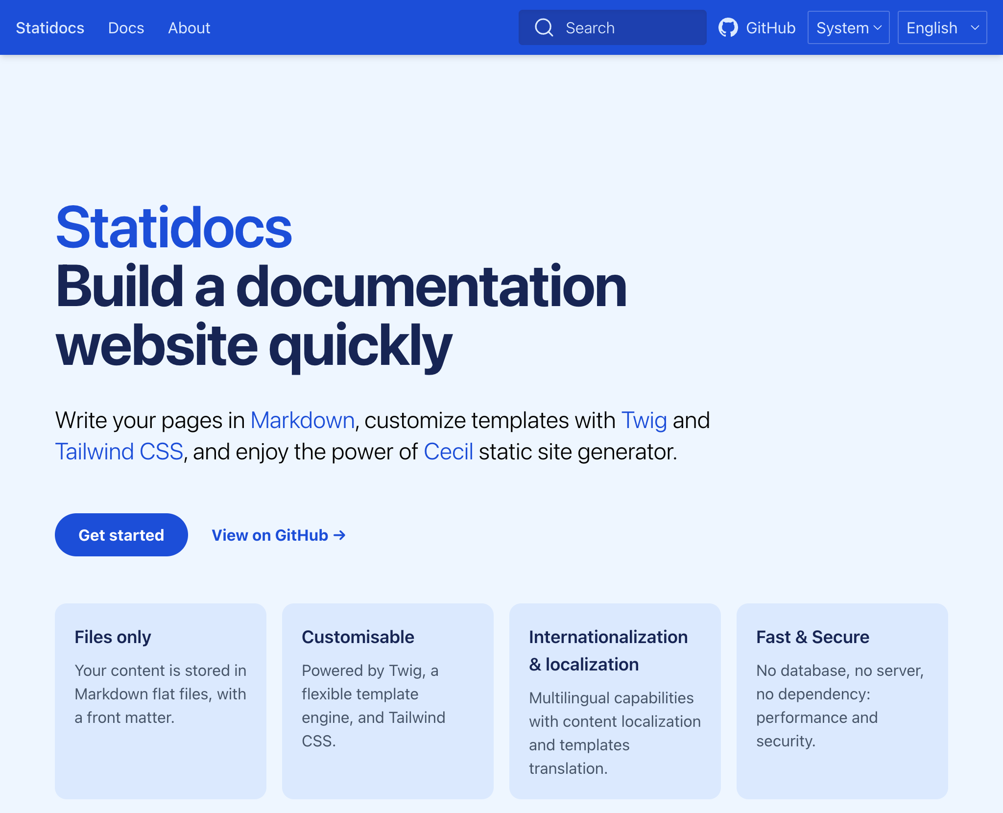 Screenshot of the demo's homepage of Statidocs