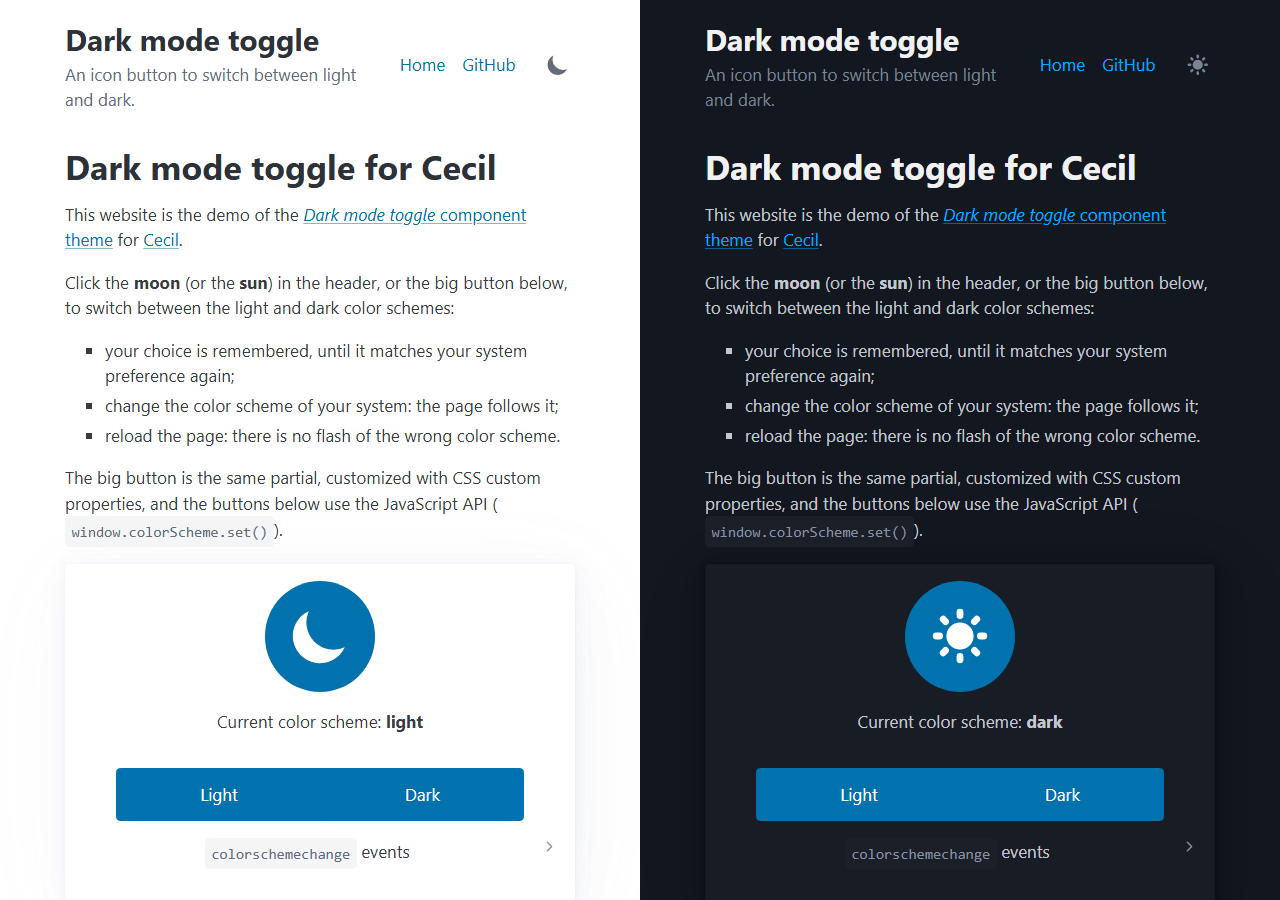 Screenshot of the demo website, in light and dark color schemes