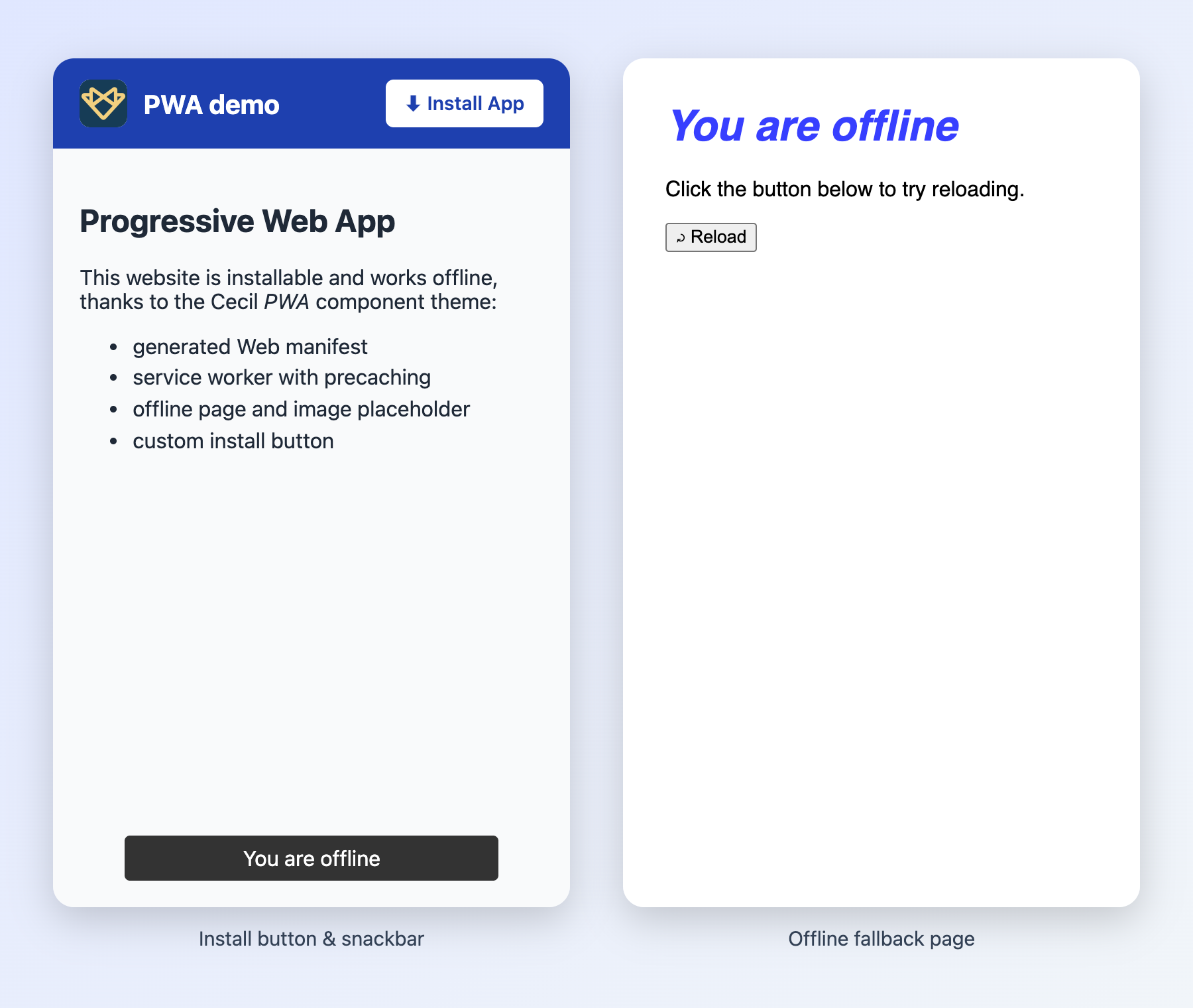 Screenshot of a website using the PWA component theme: custom install button, snackbar and offline page