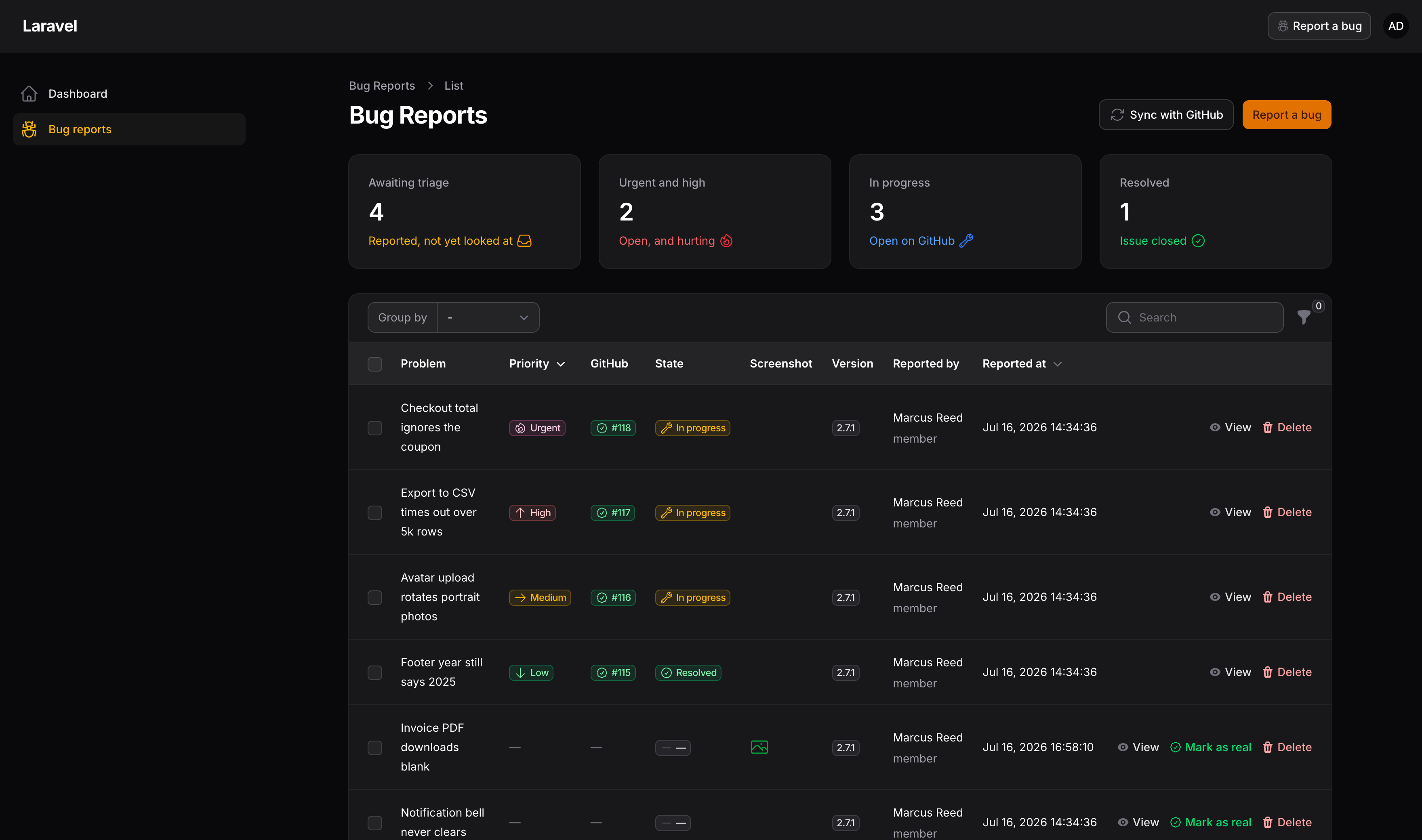 Triage table in dark mode