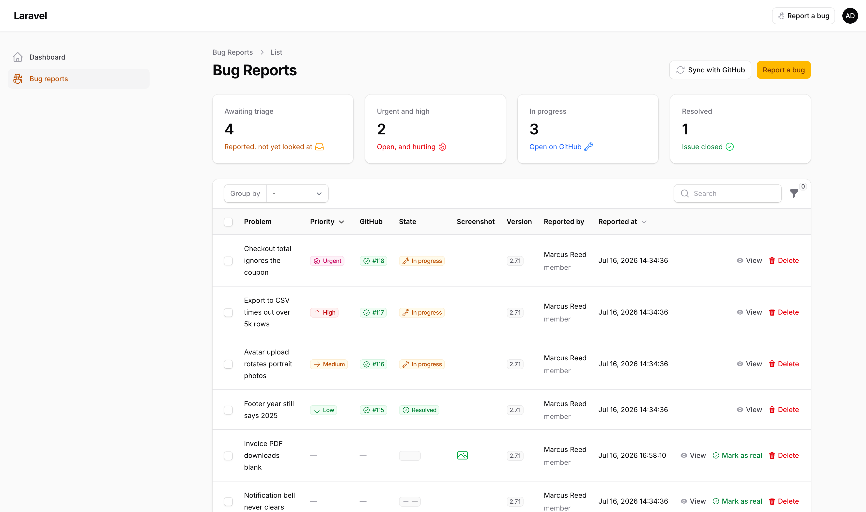 Triage table in light mode