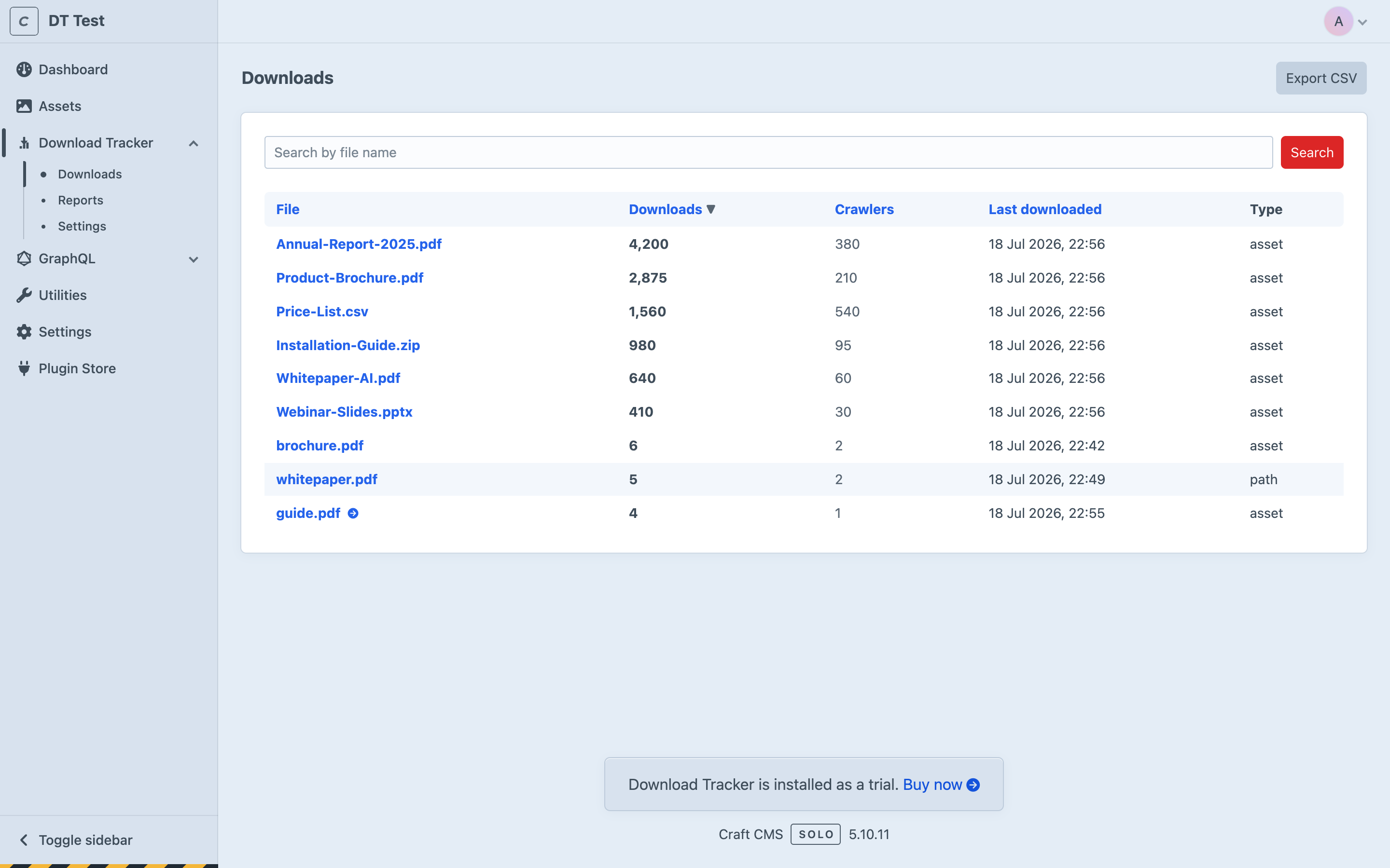The Download Tracker Downloads screen in the Craft control panel, listing files with download counts, crawler counts, and last-downloaded dates