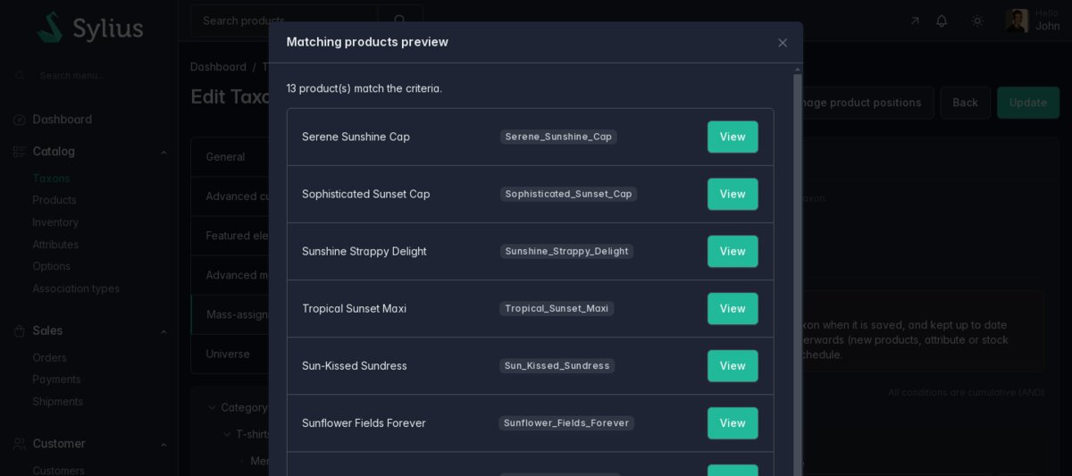 Sylius back office in dark mode: preview of the 13 products matching the conditions of a conditional taxon