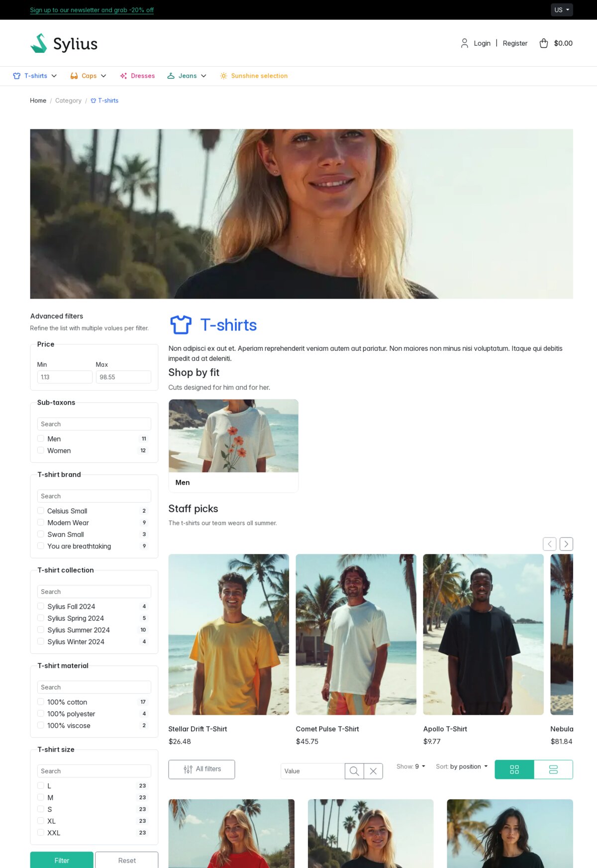 Taxon page of a Sylius shop: full-width top banner, advanced filters in the left column with counts per value, taxon name with its colored icon, featured child taxon card, featured products slider, then the native product grid with a media card inserted first