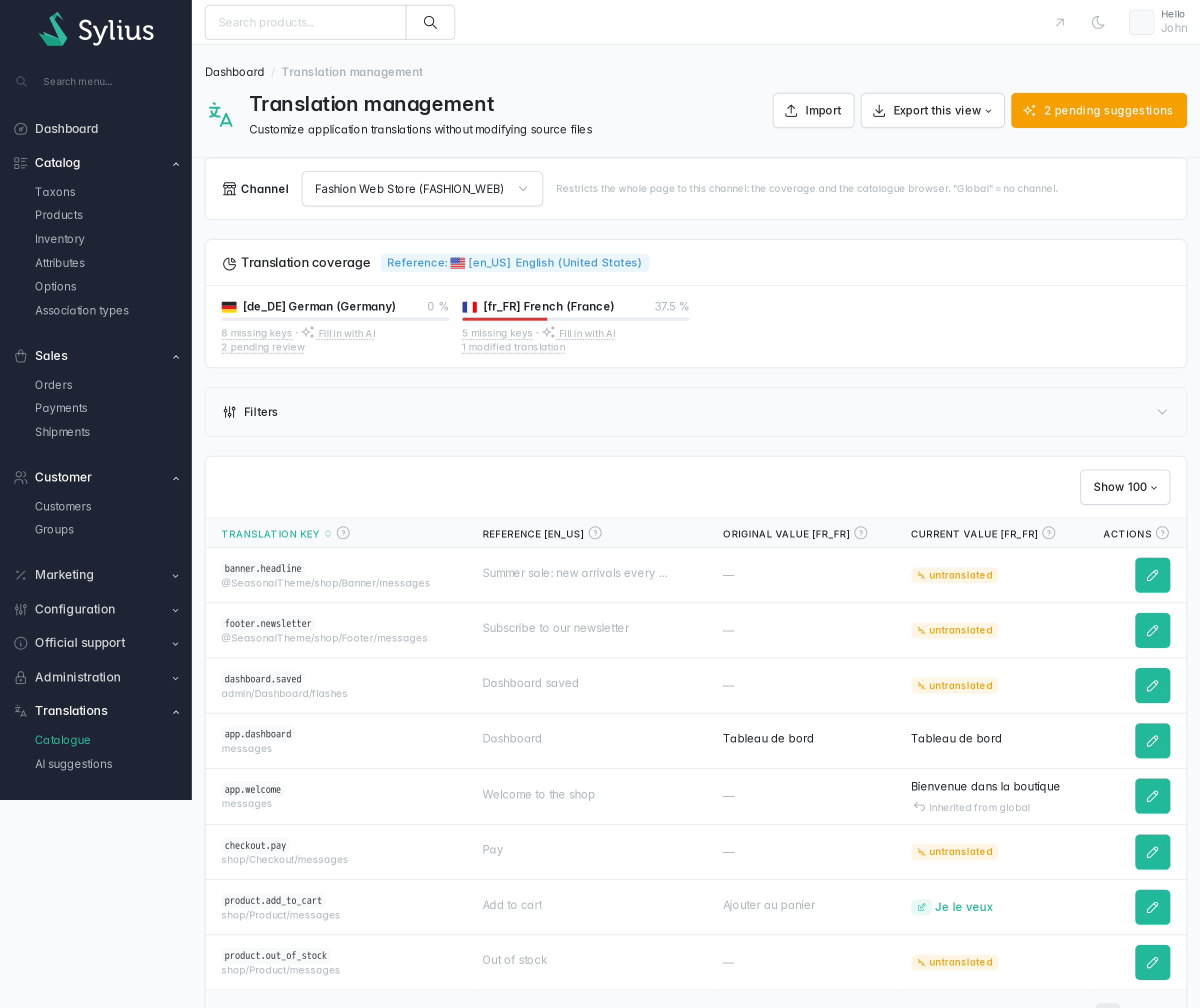 Translation management screen on one sales channel: coverage of the channel's locales, then the catalogue rows with their reference text - untranslated keys, a value inherited from the global overrides and an override of the channel's own