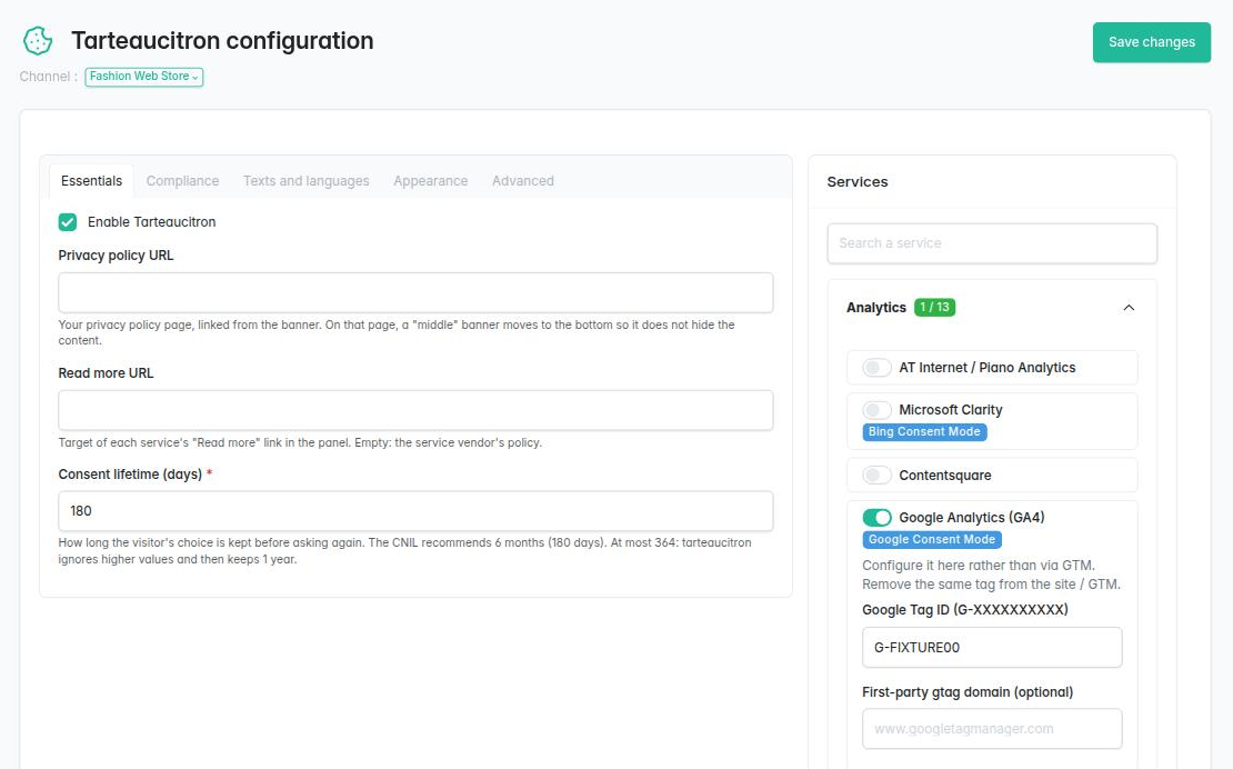 Tarteaucitron configuration page in the Sylius back office: Essentials tab with privacy and consent lifetime settings, channel switcher, and the services column with Google Analytics switched on