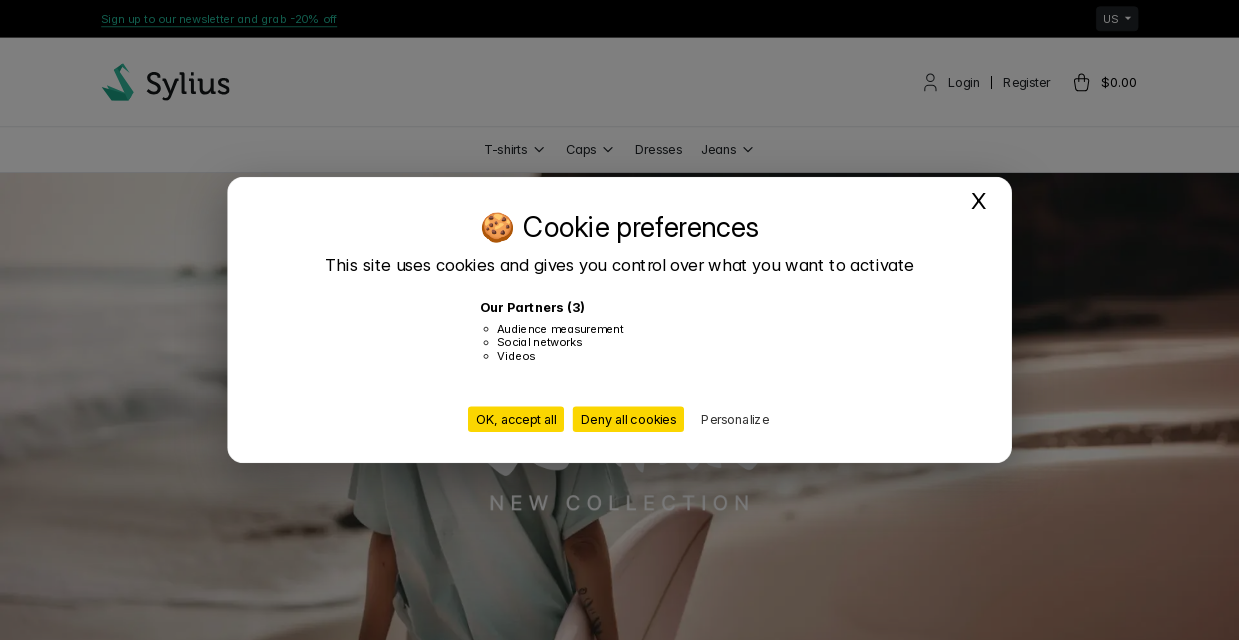Sylius shop with the tarteaucitron.js consent banner titled Cookie preferences: accept all, deny all and personalize buttons, and the list of partner categories