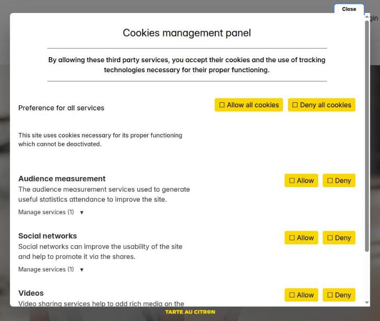 tarteaucitron.js preferences panel on a Sylius shop: services grouped by category (audience measurement, social networks, videos), each with allow and deny buttons