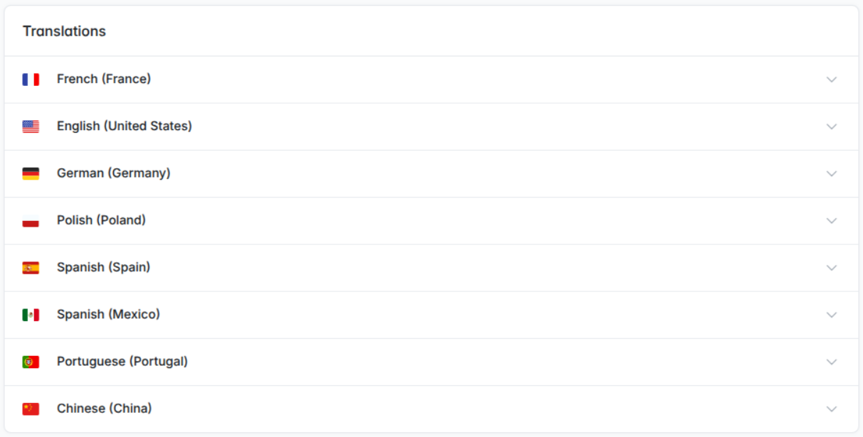 Translations accordion in the Sylius back office: a flag icon before each capitalized locale name