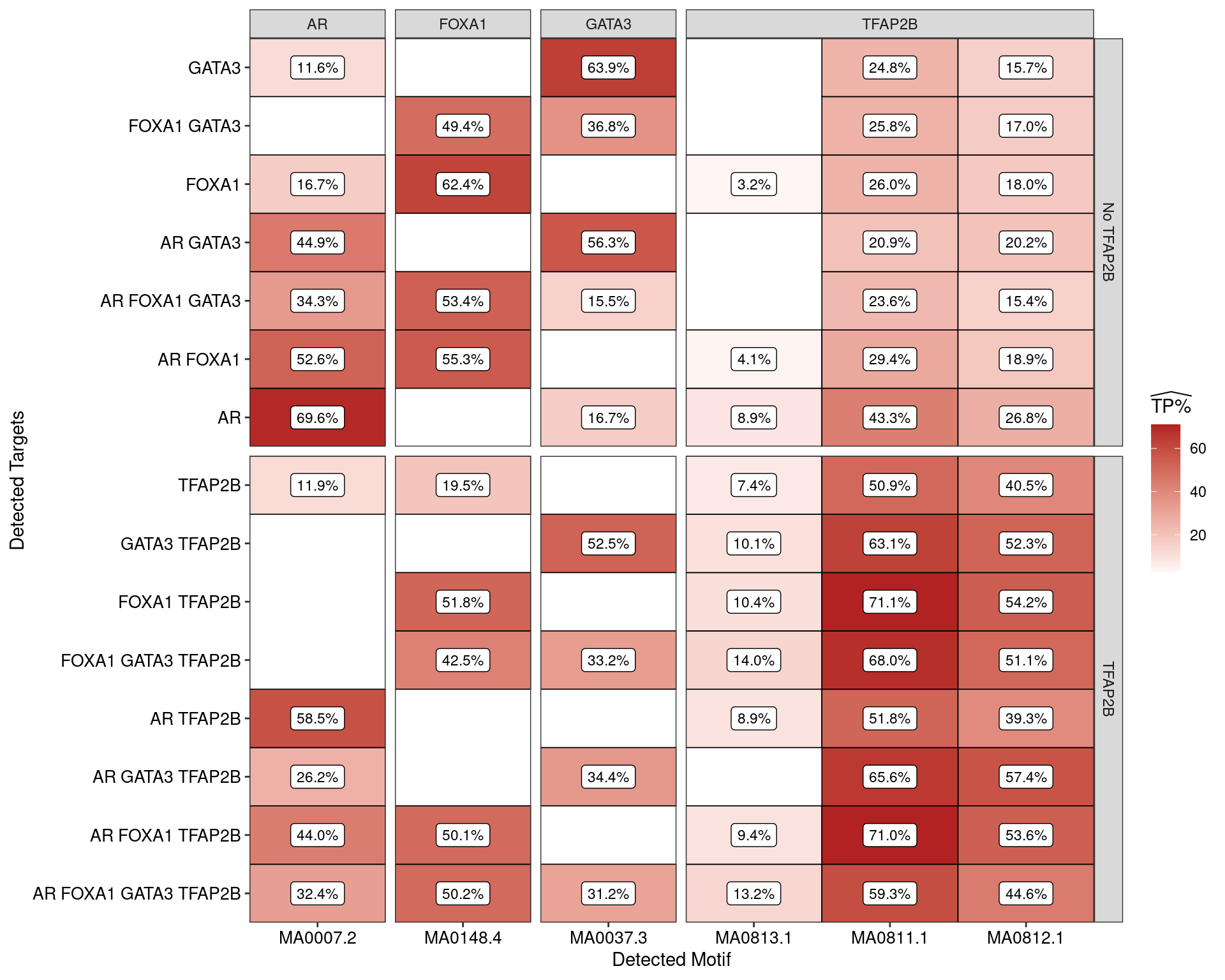 Estimated percentage of true positive matches to all binding motifs associated with each ChIP target. Only values with an enrichment adjusted p-value < 0.05 are shown, such that missing values are able to be confidently assumed as not enriched for the motif. With the possible exception of GATA3 binding in the presence of AR and FOXA1 only, all provide supporting evidence for direct binding of each target to it's motif