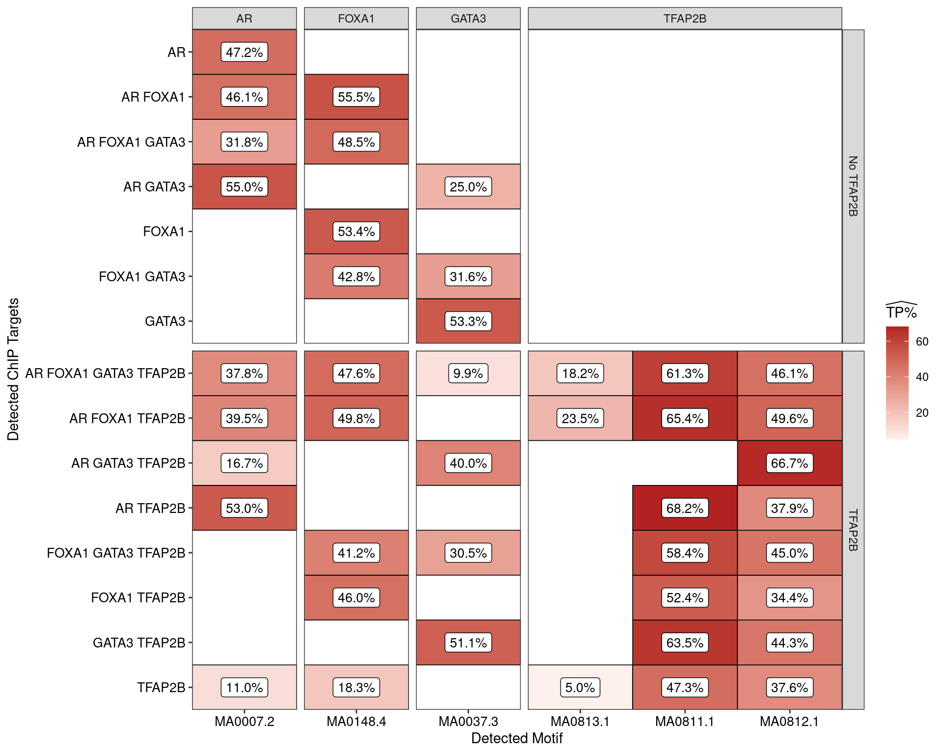 Estimated percentage of true positive matches to all binding motifs associated with each ChIP target, restricting sequences to **those marked by overlapping H3K27ac signal**. Only motif considered to be enriched are shown, such that missing values are able to be confidently assumed as not enriched for the motif. All provide supporting evidence for direct binding of each target to it's motif. Interestingly FOXA1 in combination with TFAP2B appears to favour the motif MA0811.1, whilst AR and GATA3 in combination with TFAP2B appears to favour MA0812.1