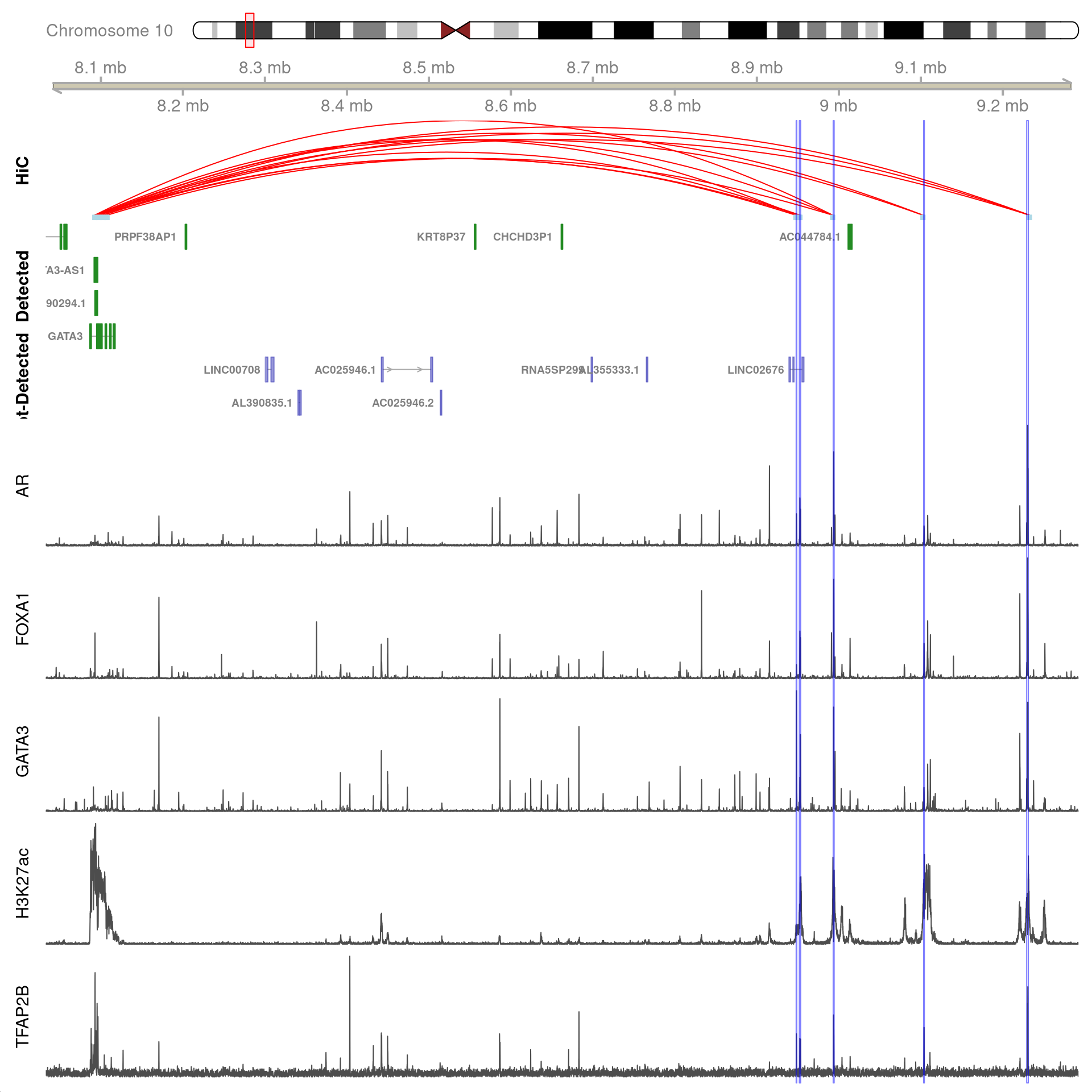 All H3K27ac-associated peaks where all four targets were detected, and which map to *GATA3*. Only the high-resolution 5kb bins are shown.
