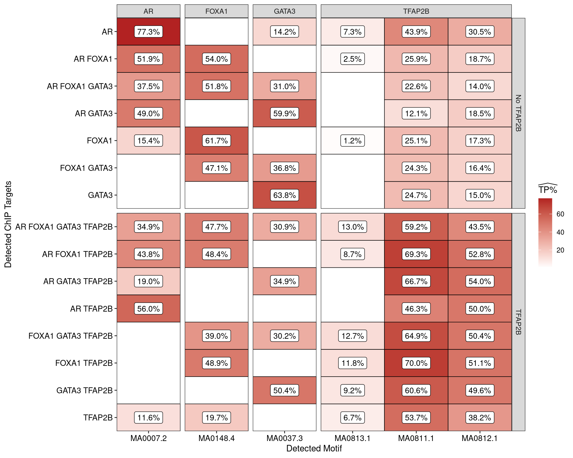 Estimated percentage of true positive matches to all binding motifs associated with each ChIP target within all sequences. Only motifs considered to be enriched are shown, such that missing values are able to be confidently assumed as not enriched for the motif. All provide supporting evidence for direct binding of each target to it's motif.