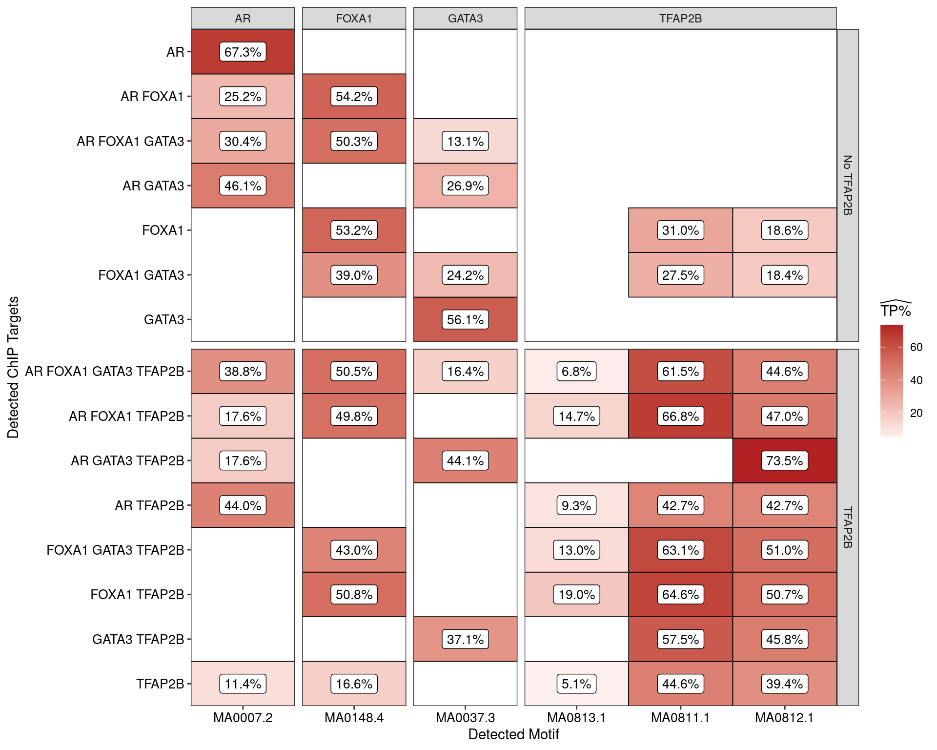Estimated percentage of true positive matches to all binding motifs associated with each ChIP target, restricting sequences to **those marked by overlapping H3K27ac signal**. Only motif considered to be enriched are shown, such that missing values are able to be confidently assumed as not enriched for the motif. All provide supporting evidence for direct binding of each target to it's motif. Interestingly FOXA1 in combination with TFAP2B appears to favour the motif MA0811.1, whilst AR and GATA3 in combination with TFAP2B appears to favour MA0812.1