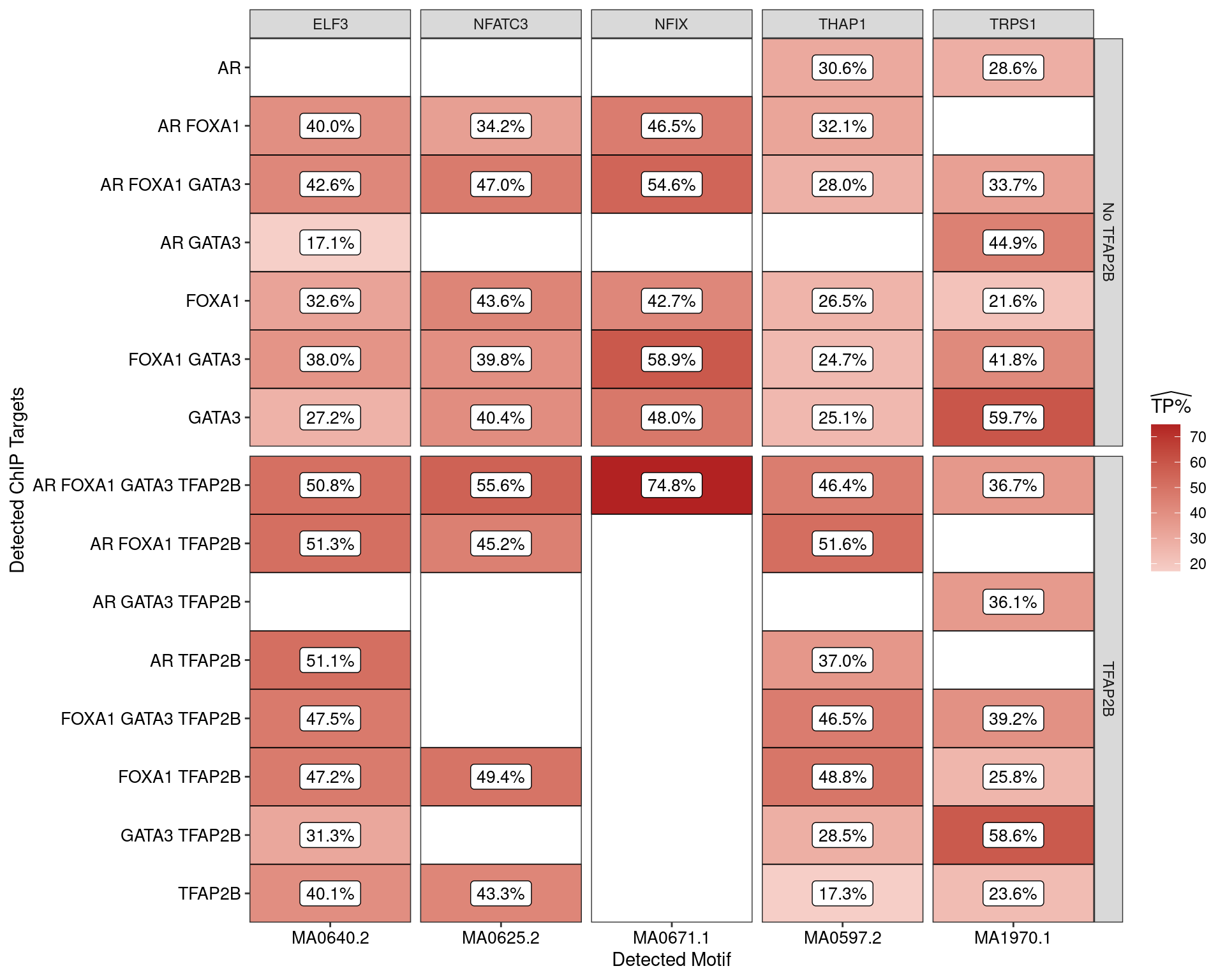 Enriched motifs when analysing all sequences associated with one or more ChIP targets. Motifs are only shown if found in >50% of sequences from at least one set of peaks.