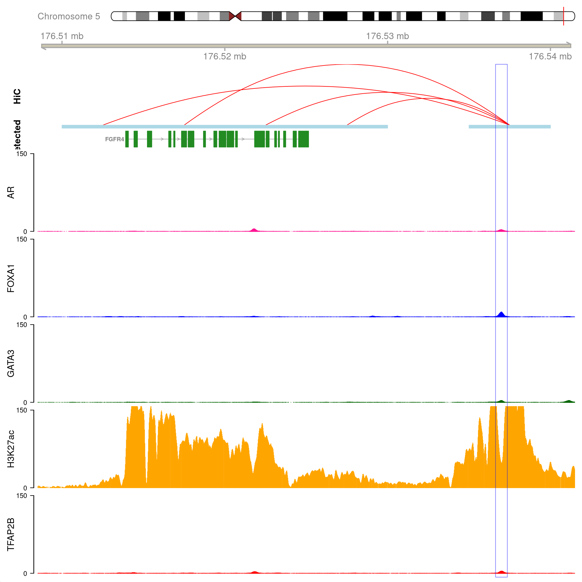 All H3K27ac-associated peaks where all four targets were detected, which map to *FGFR4* and are within 100kb of the gene. Only the high-resolution 5kb HiC interaction bins are shown.
