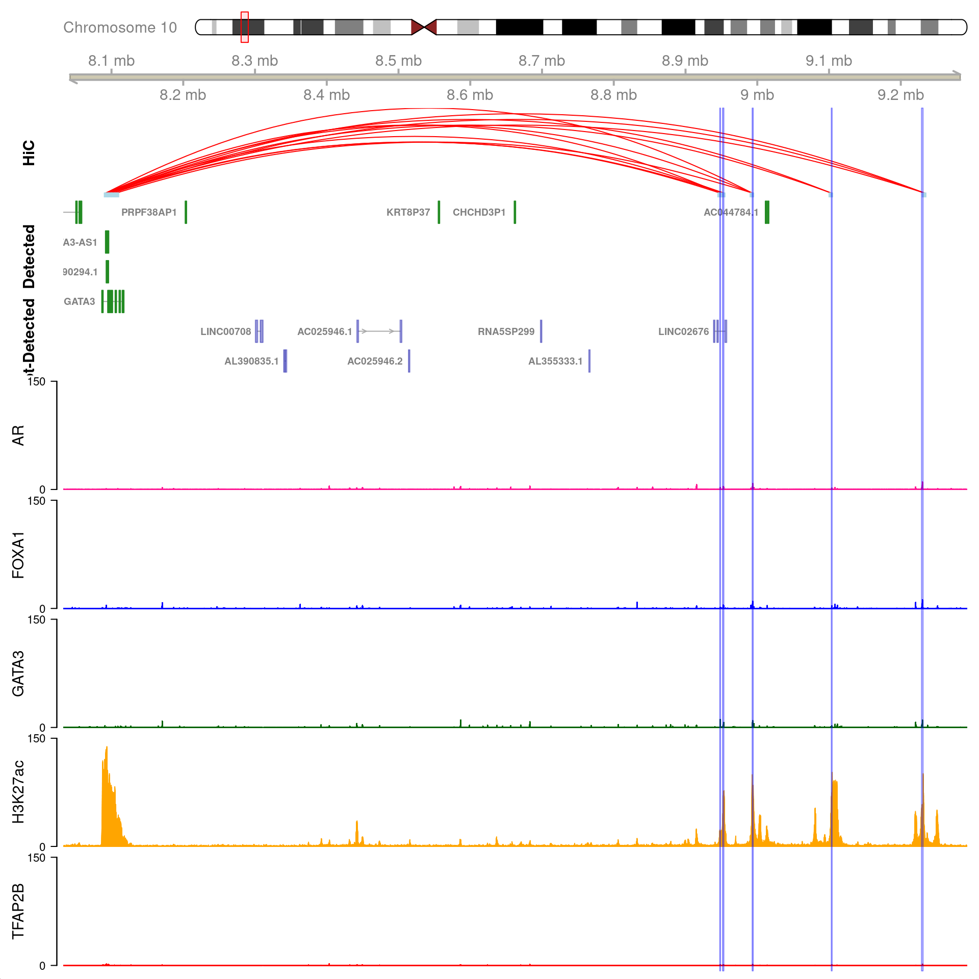 All H3K27ac-associated peaks where all four targets were detected, and which map to *GATA3*. Only the high-resolution 5kb bins are shown.