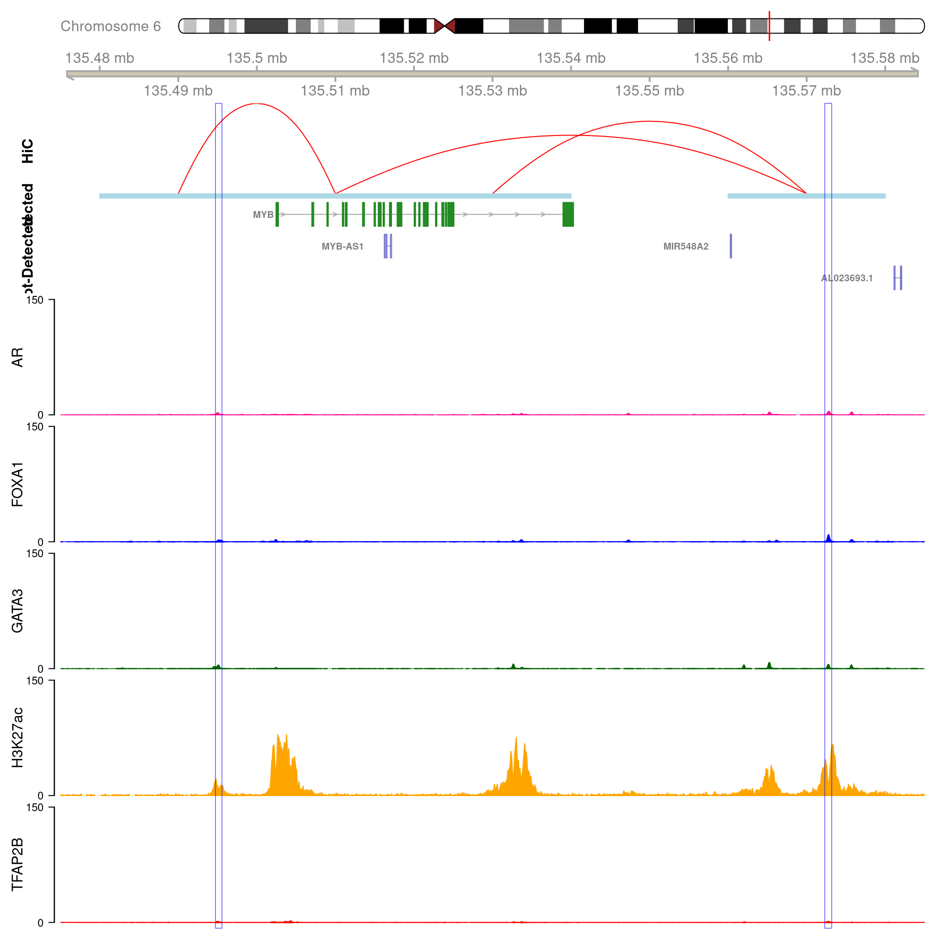 All H3K27ac-associated peaks where all four targets were detected, and which map to *MYB*. Only the low-resolution 20kb interaction bins are shown.