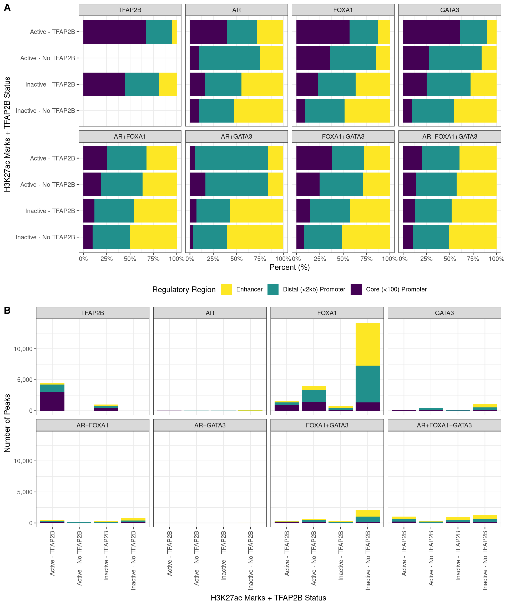 Breaking peak overlaps into overlaps with the Core Promoter (<100bp from TSS), Distal Promoter (<2kb from TSS) and Enhancers (>2kb from TSS), the presence of TFAP2B showed in increased affinity for promoters, particularly when only binding with a single additional factor. Similarly, peaks marked as active by an overlap with H3K27ac signal were more strongly associated with promoters. Of the H3K27ac-marked peaks where TFAP2B was detected, the largets proportion which bound enhancers, was found where all three remaining targets were also detected, indicating an increased preference for enhancers with this bindin combination. Union peaks are shown A) as percentages of peaks which overlap a given region, or B) the total number of peaks which overlap a given region. The most common binding event in the dataset was clearly FOXA1 in isolation, binding regions which are not marked by H3K27ac and do not also bind TFAP2B. The next most common set of peaks was those binding FOXA1 alone in an H3K27ac marked region, followed by TFAP2B in an H3K27ac marked region.