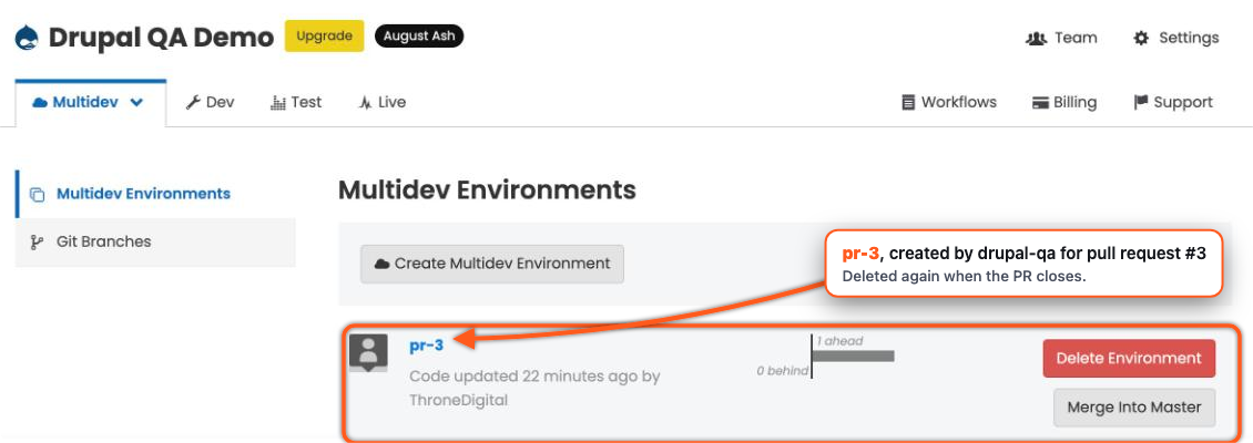 Pantheon's Multidev page with the pr-3 environment drupal-qa created