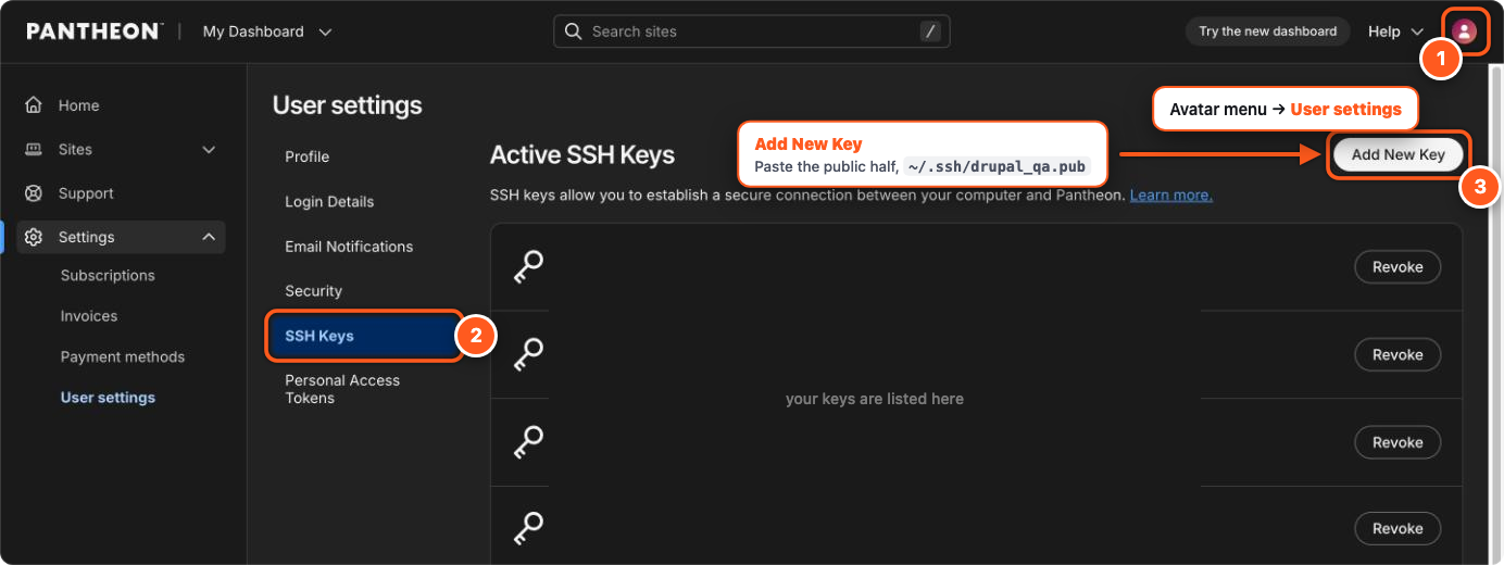 Pantheon's SSH Keys tab with Add New Key highlighted