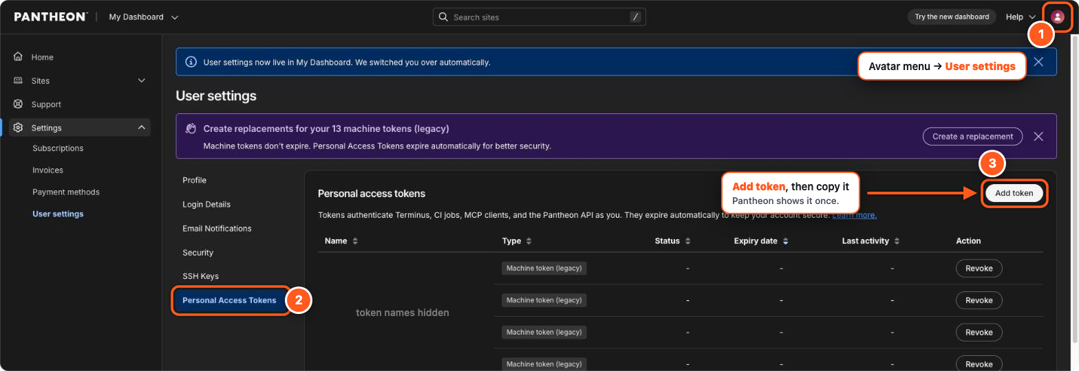 Pantheon's Personal Access Tokens tab with Add token highlighted