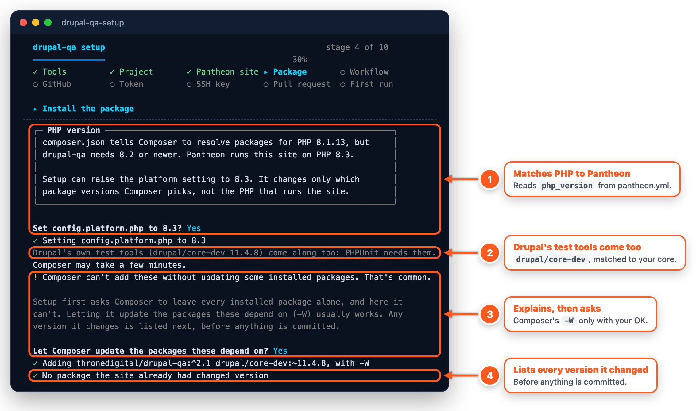 Stage 4: the PHP version check, drupal/core-dev, and the -W question