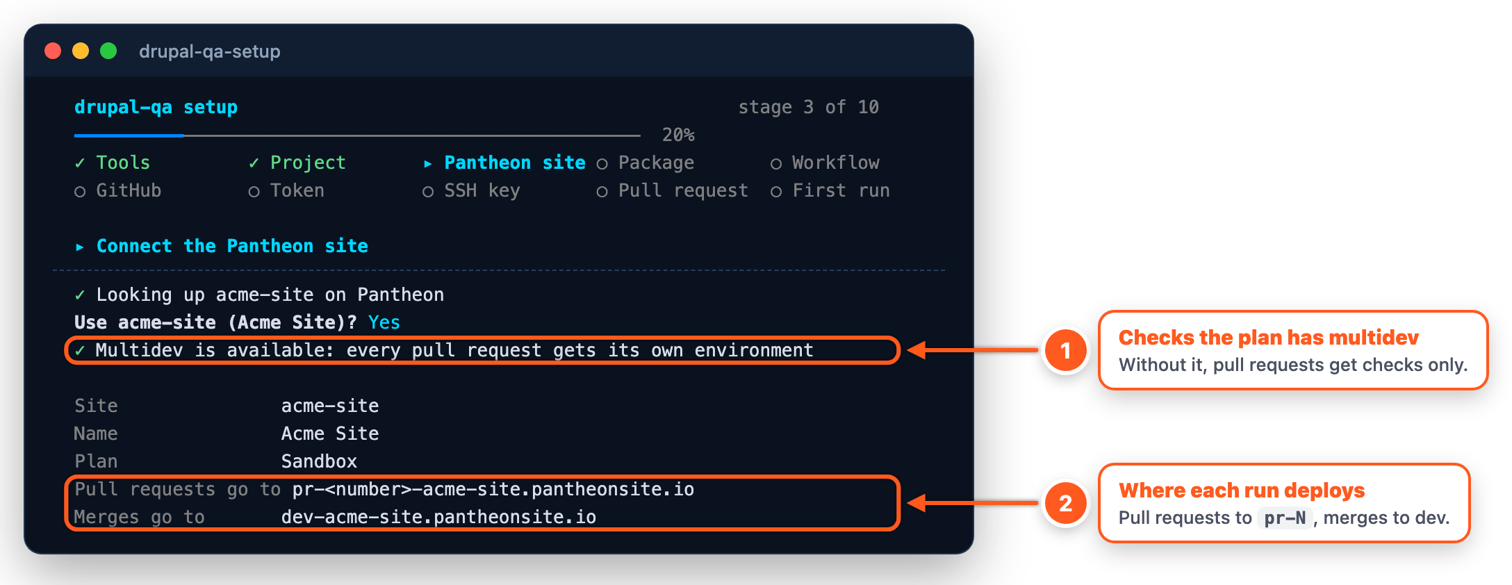 Stage 3: the wizard confirms the site and that multidev is available