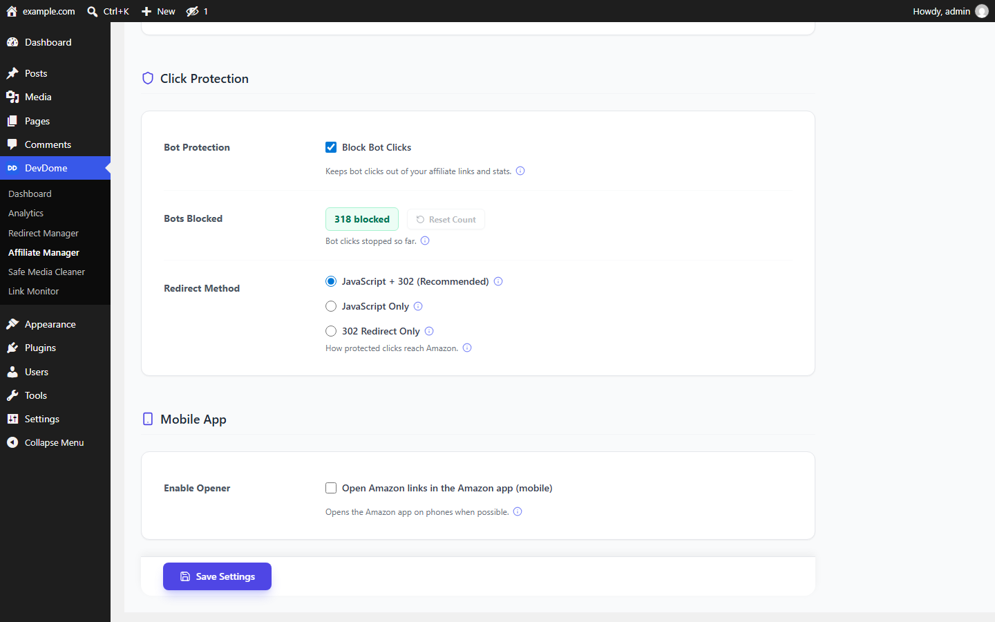 Affiliate click protection blocking bot clicks on Amazon links in WordPress