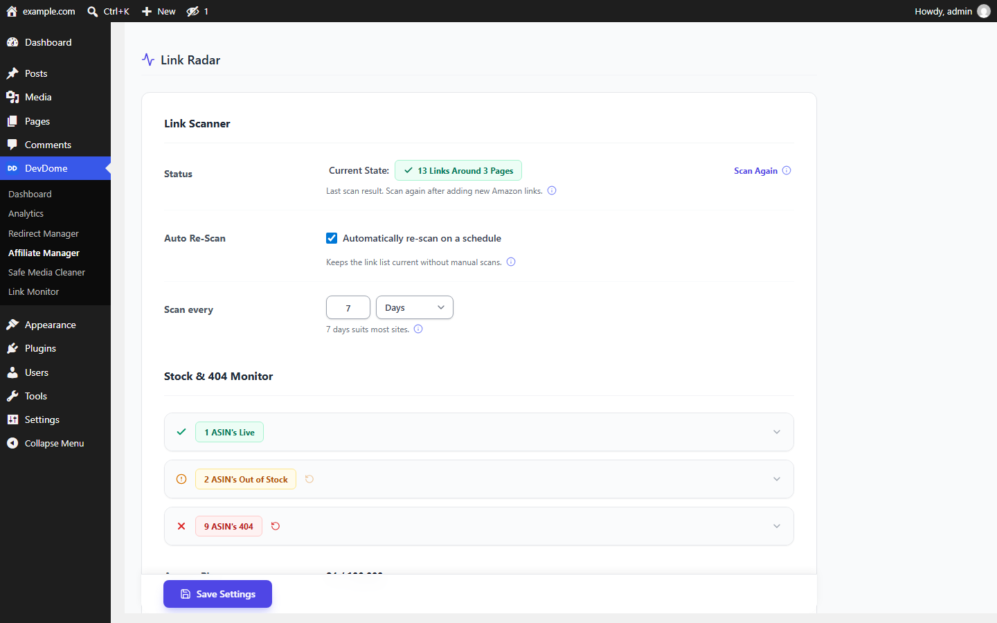 Link Radar scanner found 13 Amazon affiliate links across 3 pages with scheduled re-scans