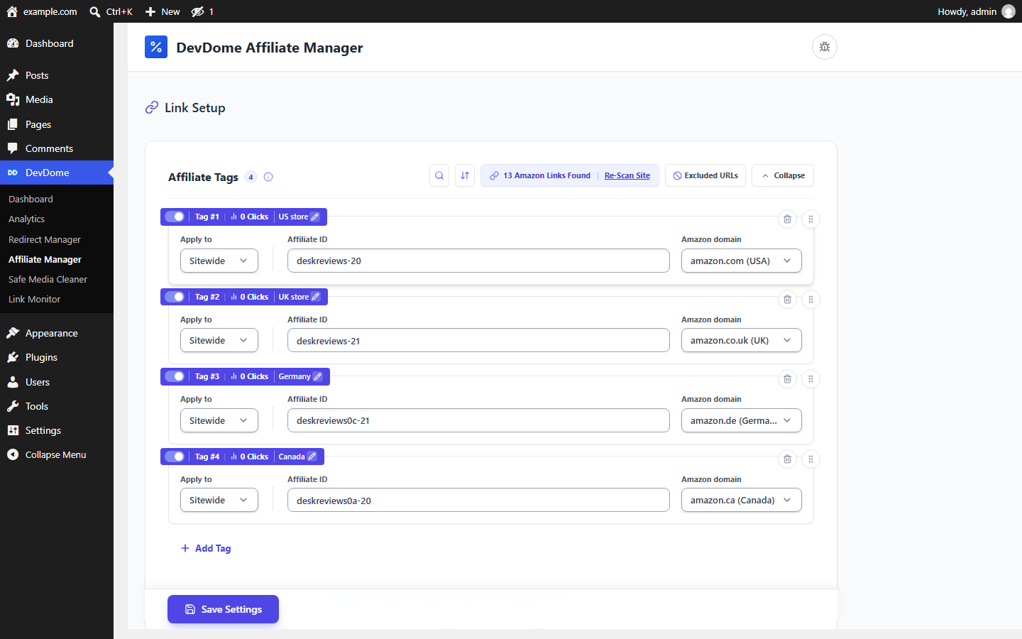 Amazon Associates tags per marketplace in DevDome Affiliate Manager: US, UK, Germany and Canada IDs applied sitewide with click counts