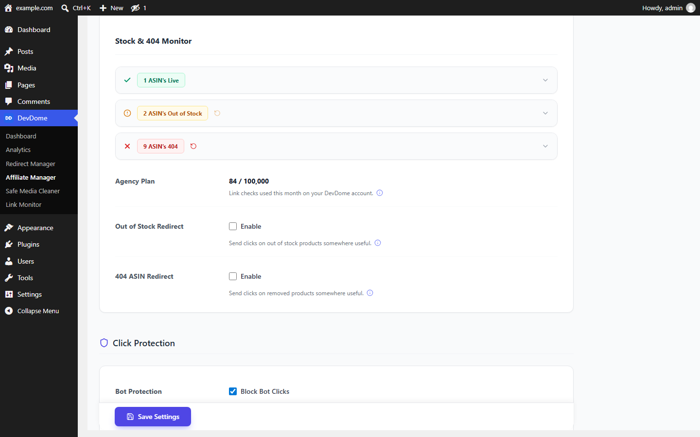 Amazon out-of-stock and 404 product monitor with live, out of stock and dead ASIN counts and redirect options