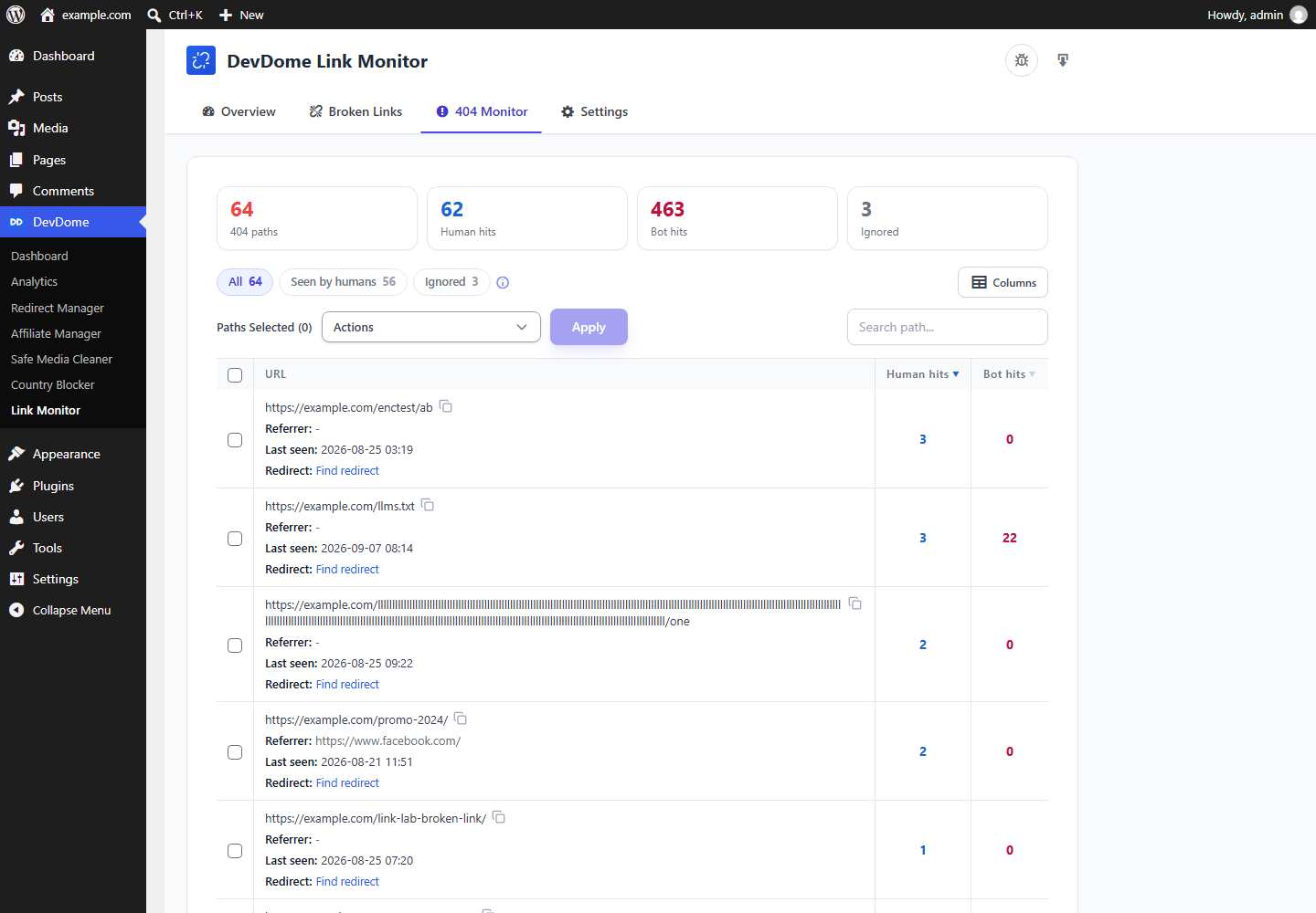 404 monitor listing every missing-page path with referrer, last seen, human hits and bot hits